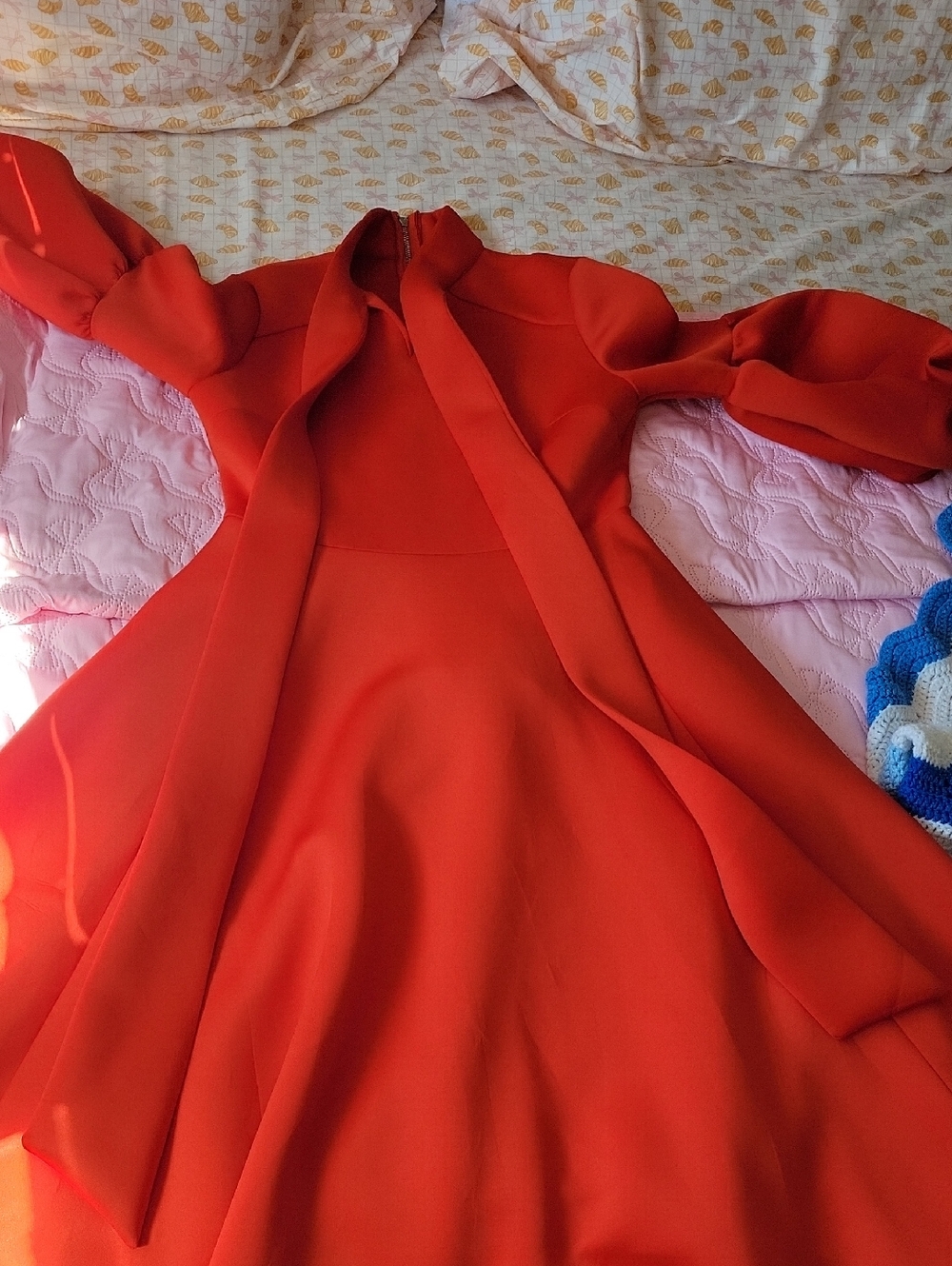 Elegant Red Long-Sleeve Tie-Neck Dress